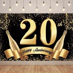 Happy 20th Anniversary Backdrop Banner Decor BLK/GLD Glitter Love Heart Wedding.